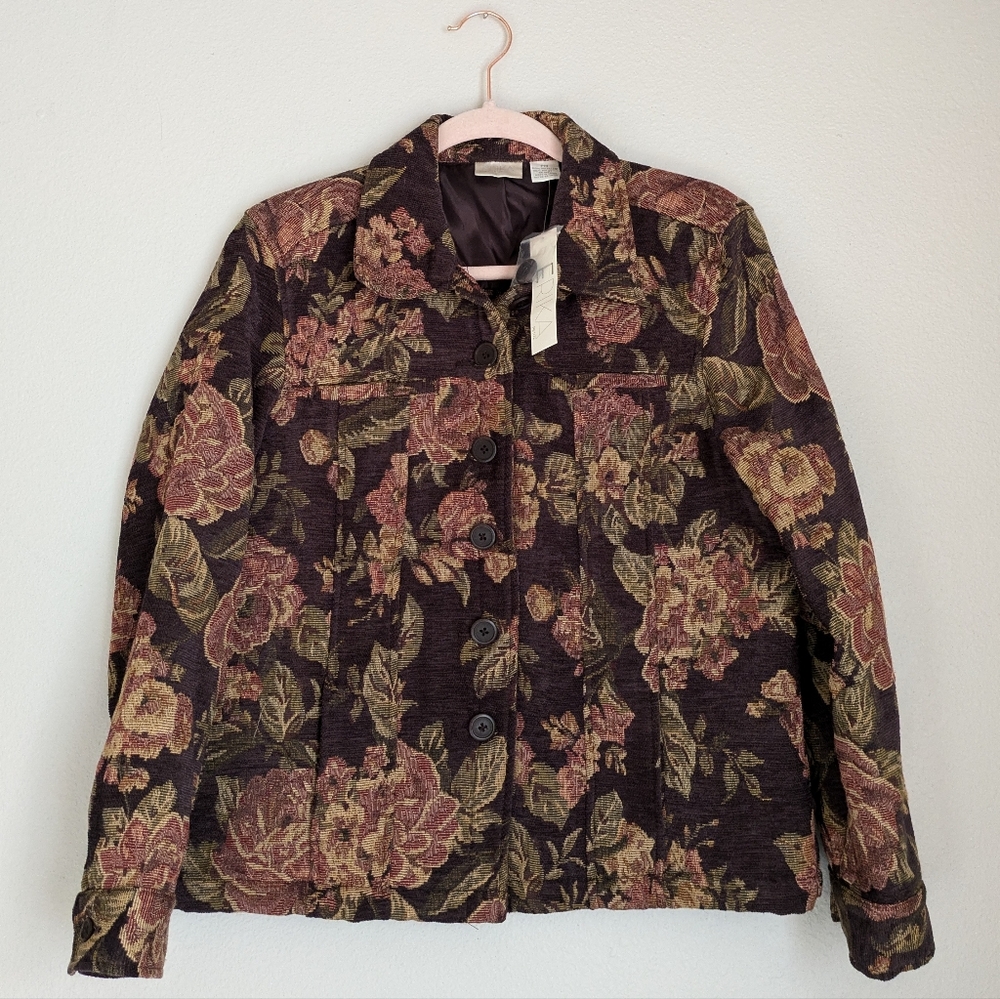NWT Vintage Erika Women's Brown Floral Jacket Textured Collar Size Petite Medium